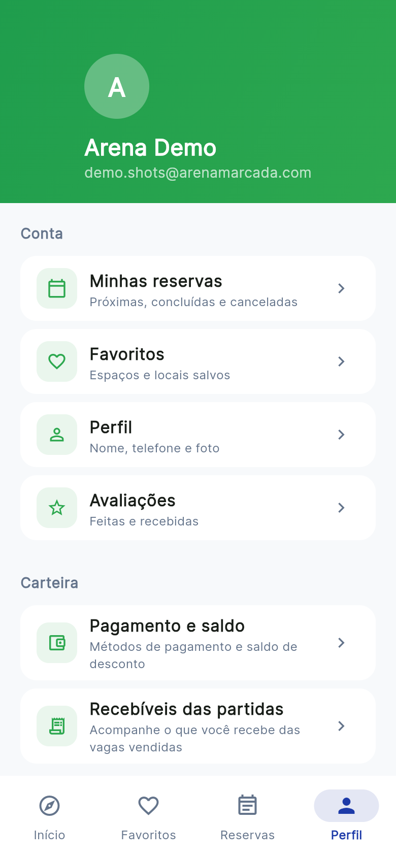 Conta, carteira e indicações